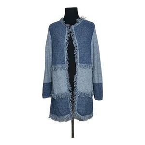 Chicos Blue Patchworks Long Sleeves Fringe Open Front Cardigan size 0 - S